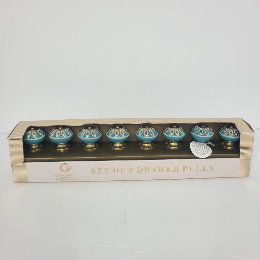 Casa Decor Ceramic Drawer Knobs Cabinet Pulls Blue Gold Handmade India Set of 8